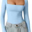 QINSEN Women's Sexy Square Neck Shirt Long Sleeve Double Lined Tees Fitted Going Out Tops, Size: S