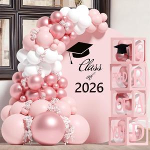 Graduation Decorations 2026,4 Pcs Transparent Balloon Boxes with Letters of GRAD,PROUD OF YOU,Class of 2026 and 130pcs Light Pink Balloons Arch for High School College 2026 Grad Party Supplies