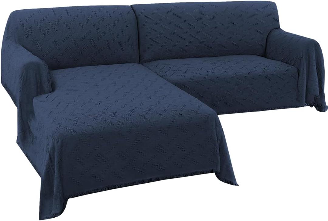 Turquoize Sectional Couch Covers L Shape Couch Cover Sectional Sofa Cover Washable 2 Pieces Couch Covers for Sectional Sofa Feature Geometrical Woven Jacquard Fabric (Chaise/2 Seats, Navy)
