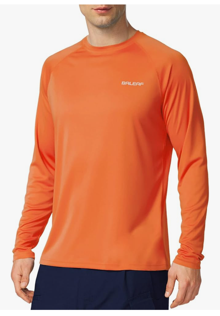 Baleaf Men's Sun Protection Shirts UV SPF UPF 50+ Long Sleeve Rash Guard Fishing Running Quick Dry Lightweight, L, Orange 