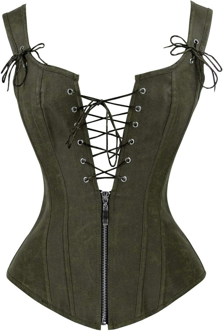 Charmian Women's Renaissance Lace Up Vintage Boned Bustier Corset with Garters (Medium, Olive)