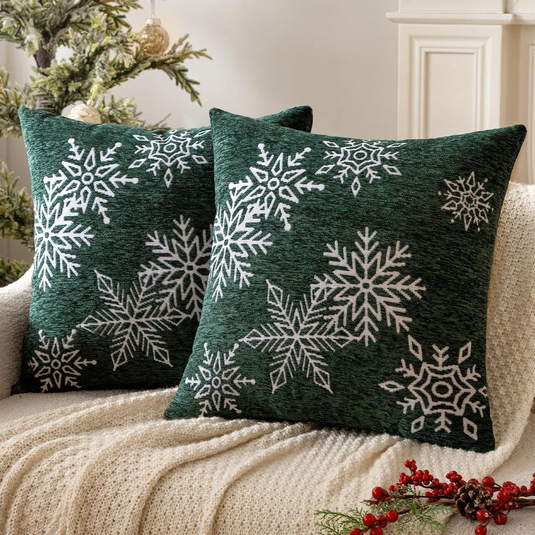 MIULEE Christmas 2 Pack Dark Green Chenille Throw Pillow Covers Soft Pillow Cases with Snowflake Embroidery Morden for Holiday Decoration Sofa Couch Bedroom Home Decor,18x18 Inch