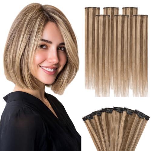 Hairro 6PCS 6 Clips In Short Hair Extensions Remy Real Human Hair Clip Ins Mini Clip On Hairpin Hairpieces For Women 31g 10 Inch #4P27 Medium Brown & Dark Blonde