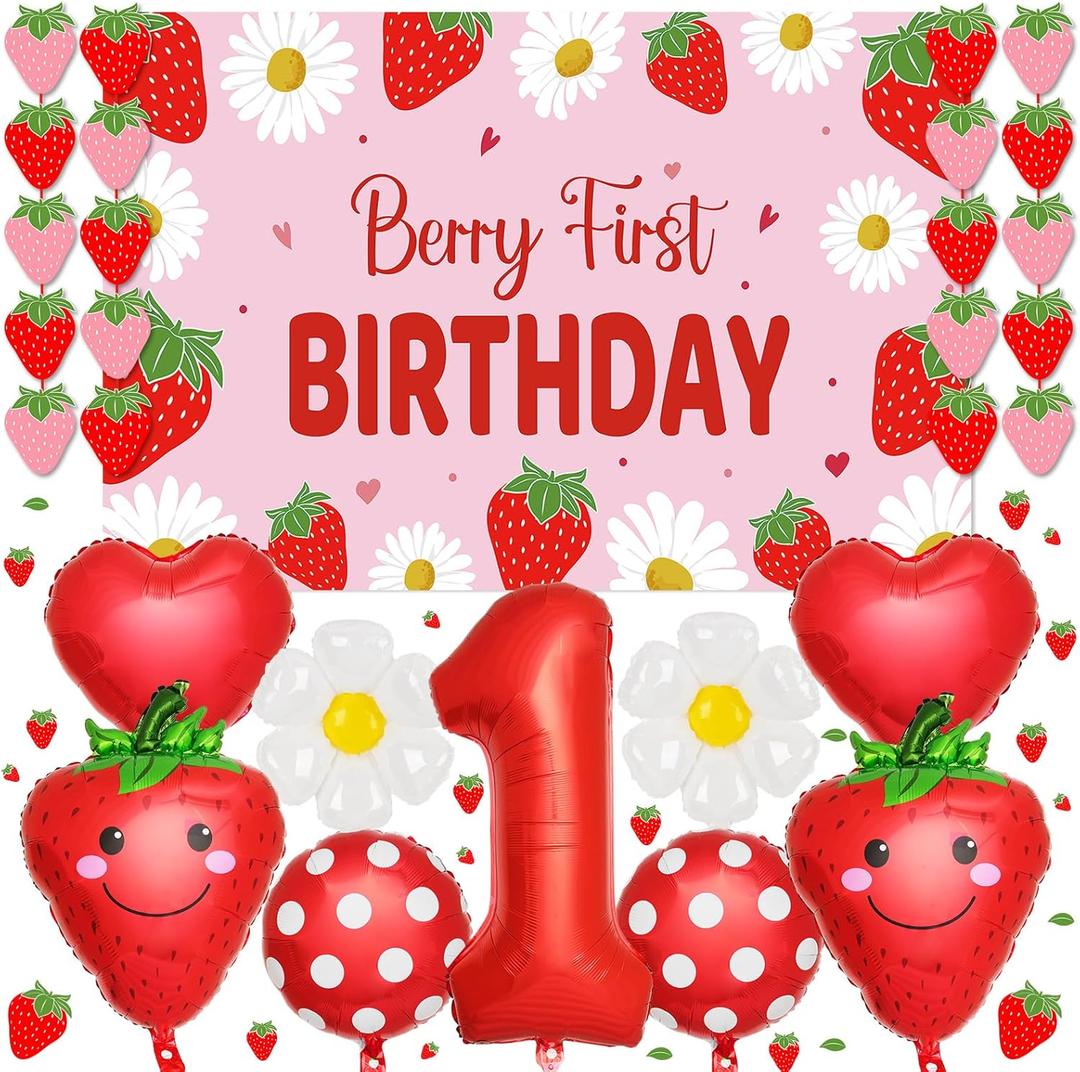 134Pcs Berry First Birthday Decor Strawberry Baby Shower Decorations Berry 1st Birthday Decorations for Girl Sweet One Party Decor Strawberry Backdrop Ballons Banners Stickers Party Supplies