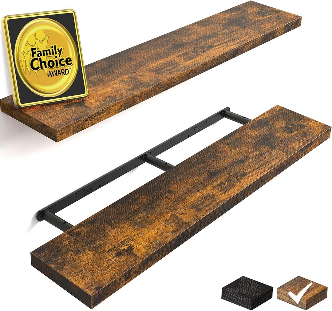 BAYKA Floating Shelves for Wall, 36" Wall Mounted Rustic Wood Shelves for Bathroom, Bedroom, Living Room, Kitchen, Office, Hanging Shelf for Books/Storage/Decor(Rustic Brown,Set of 2) (36inches)