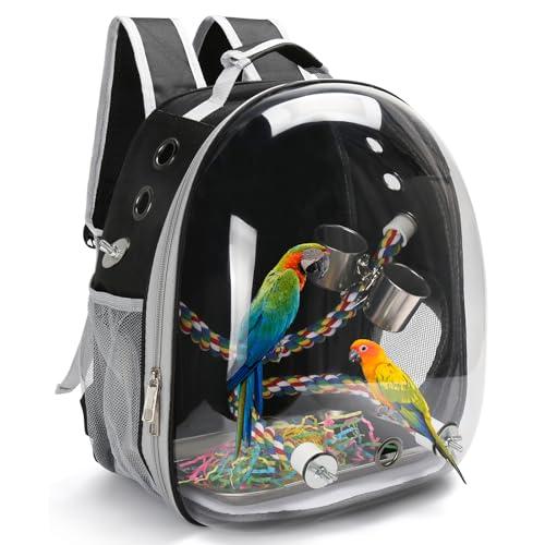 Bird Backpack Carrier, Travel Bird Cage for Small Medium Size Parrot Parakeet Budgies Cockatiel, Portable Clear Bubble Window Bag with Stainless Steel Tray Food Bolw Standing Perch (Black)