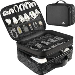 Cable Organizer Bag, Waterproof Travel Electronic Storage with Adjustable Divider, Shockproof Portable Double Layer Tech Bags Carrying Case for Cord, Earbuds, Charger, SD Card, Tech Gifts (Medium, Black)