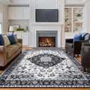 Amearea Vintage Design Area Rugs for Living Room, 8x10 Machine Washable Floral Collection Traditional Bedroom Rug, Low Pile Cute Kids Room Print Carpet, No Slip Office Kitchen Home Decor, Black