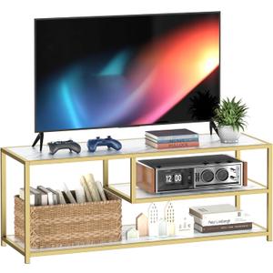 Function Home TV Stand for TVs up to 55 Inch, 3 Tier Entertainment Center, Media Console with Open Storage Shelves for Living Room Bedroom, 47 Modern TV Table with Faux Marble Top Gold Metal Leg