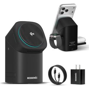 3 in 1 Wireless Charging Station for iPhone 17/16/15/14/13/12 Pro Max, Qi 2 Certified 15W Fast Charging Magnetic Charger Stand for Magsafe Phone, AirPods, Smart Watch (Black)