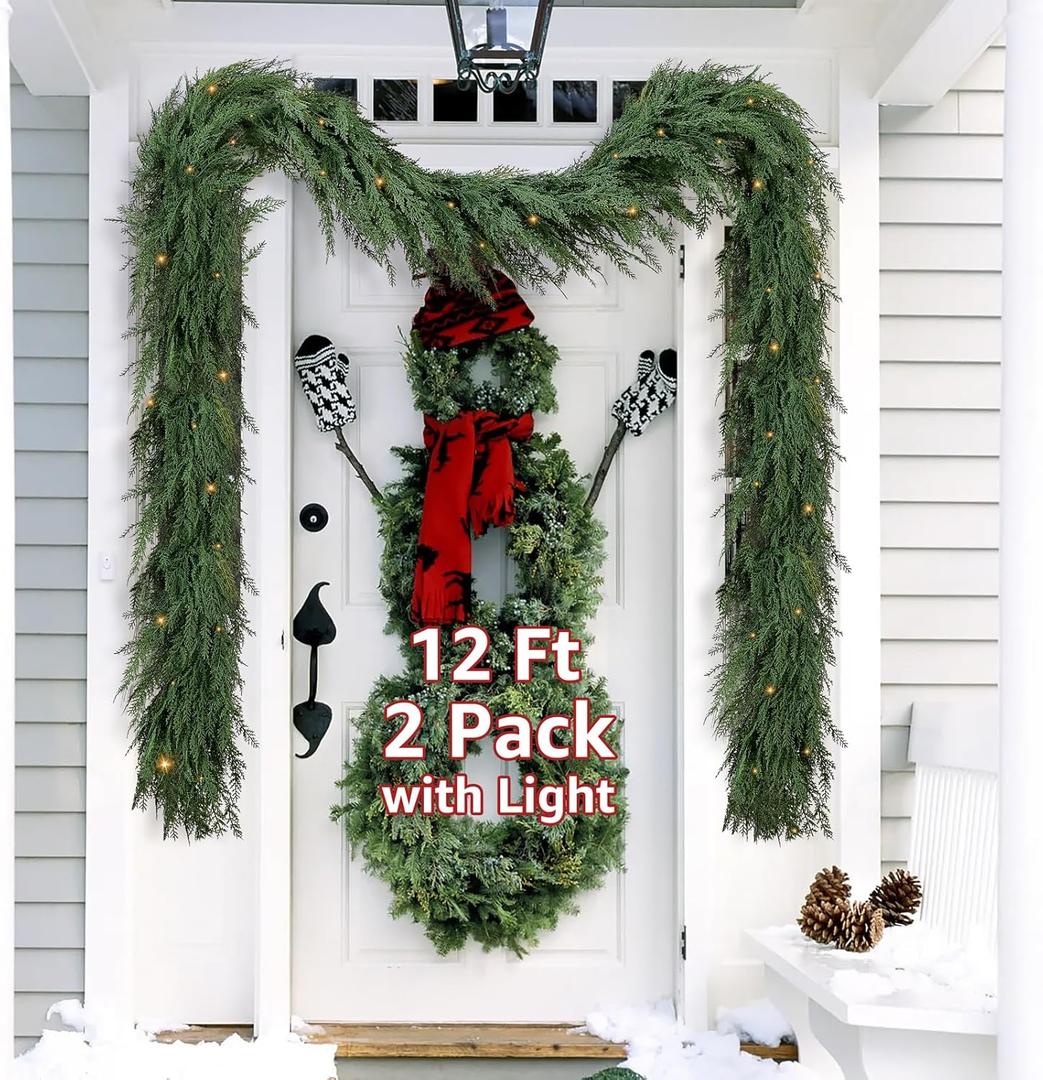 Christmas Cedar Garland Realistic with Lights - 2 Pack Cypress Decorations 12ft for Mantle Lighted Faux Pine Garlands for Home Indoor Stairs Railing Fireplace 12 Ft Outdoor Prelit Door Decor