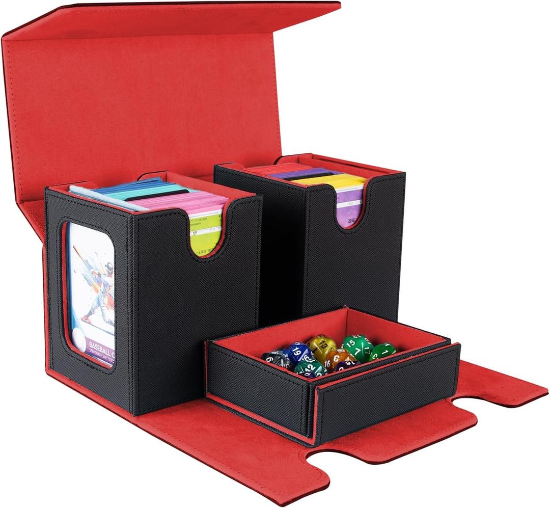 MTG Commander Deck Box - Portable Double Card Deck Box Fits 200 Double Sleeved Cards, Durable Magnetic Cards Case, Includes Dice Tray, Magnetic Card Holders and Dividers, Black/Red