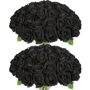 50 PCS Fake Black Roses, Artificial Flowers Bulk Halloween Decorations Realistic Silk Faux Black Roses with Stems for Gothic Wedding Party Decor, Bridal Bouquets DIY Floral Arrangement Home Decor