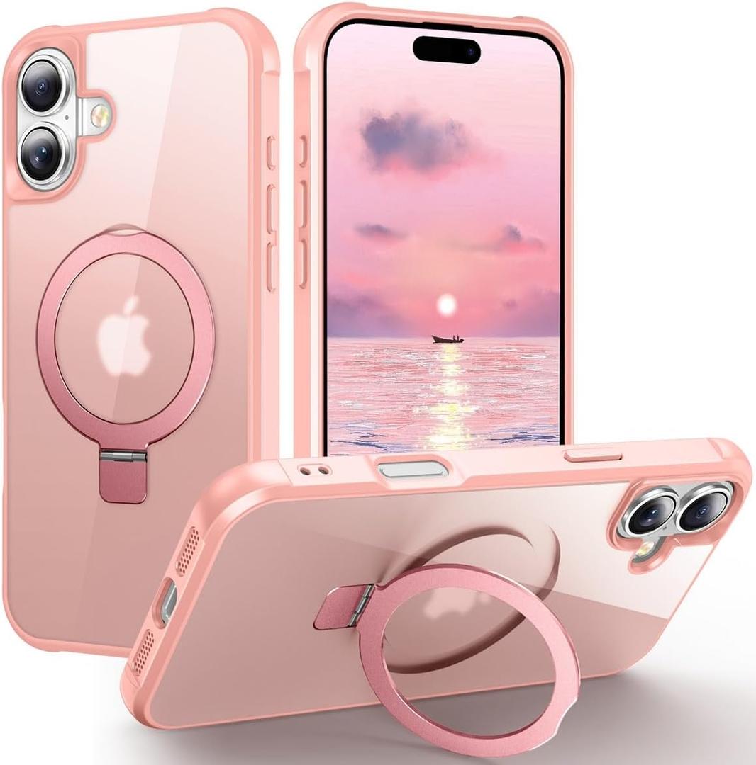 ZHOGTNEG for iPhone 16 case, Built-in Metal Stand and Ring Holder, Magsafe Compatible, Military Grade Protection, Shockproof, Men's and Women's use - Pink