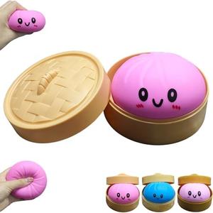 Dumpling Squishy Toy, Dumpling Squishy Mystery Box, Colorful Dumplings Stress Balls Fidget Sensory Toy, Squeeze Dough Ball Stress Relief Hand Toys with Food Steamer Stretchy Desk Toys (Pink)