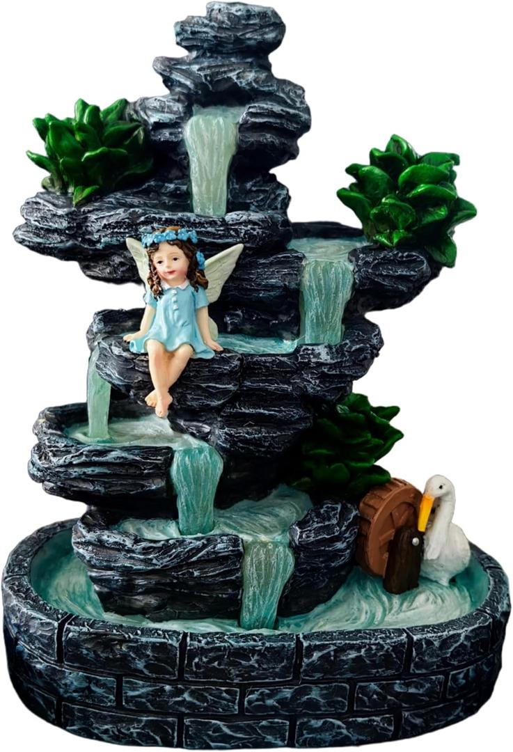 Fairy Garden Accessories Fairies Waterfall Solar Statues, 9" Waterproof Figurines Lights Outdoor House Decorations for Patio Lawn Porch Backyard, Gardening Birthday Gift for Women Kids Grandmom