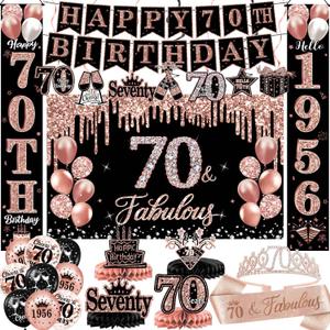 70th Birthday Decorations for Women, 38-Piece Black and Rose Gold 70 Years Old Party Supplies with Backdrop, Honeycomb Centerpieces, Banner, Hanging Swirls, Porch Banner, Balloons, Sash, Crown