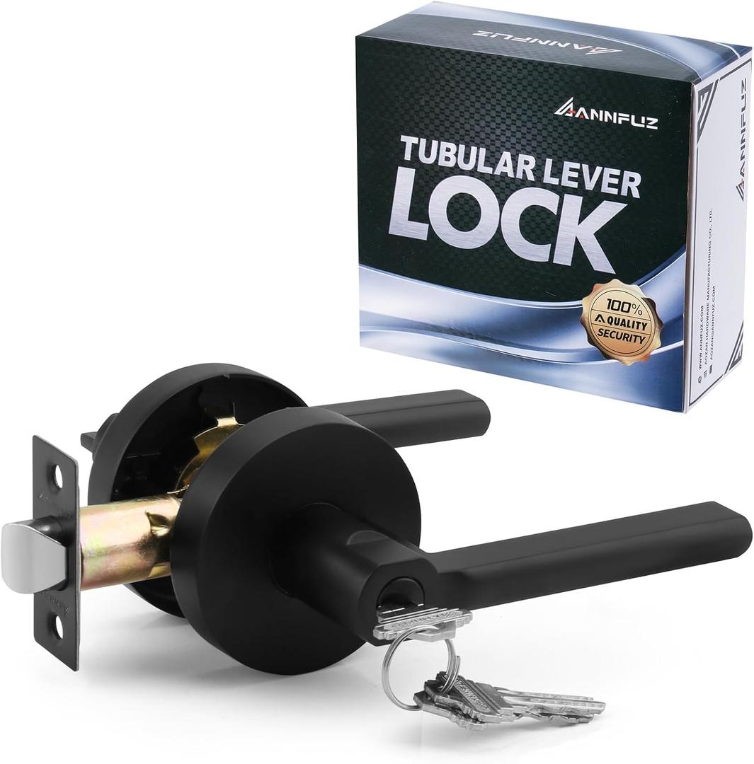ANNFUZ Round Heavy Duty Entry Door Lever Handle Lock with Key for Office/ Front Door, Entrance Interior Exterior Door Knob Hardware, Lockable, Not Keyed Alike, Reversible for Left/ Right Side (Matte Black) ANNFUZ Round Heavy Duty Entry Door Lever Handle Lock with Key for Office/ Front Door, Entrance Interior Exterior Door Knob Hardware, Lockable, Not Keyed Alike, Reversible for Left/ Right Side (Matte Black)