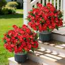Artificial Flowers for Outdoors, 2 Set Fake Potted Flowers 12 Bundles UV Resistant Realistic Silk Faux Impatiens with Pot for Outside Balcony Garden Window Box, Red