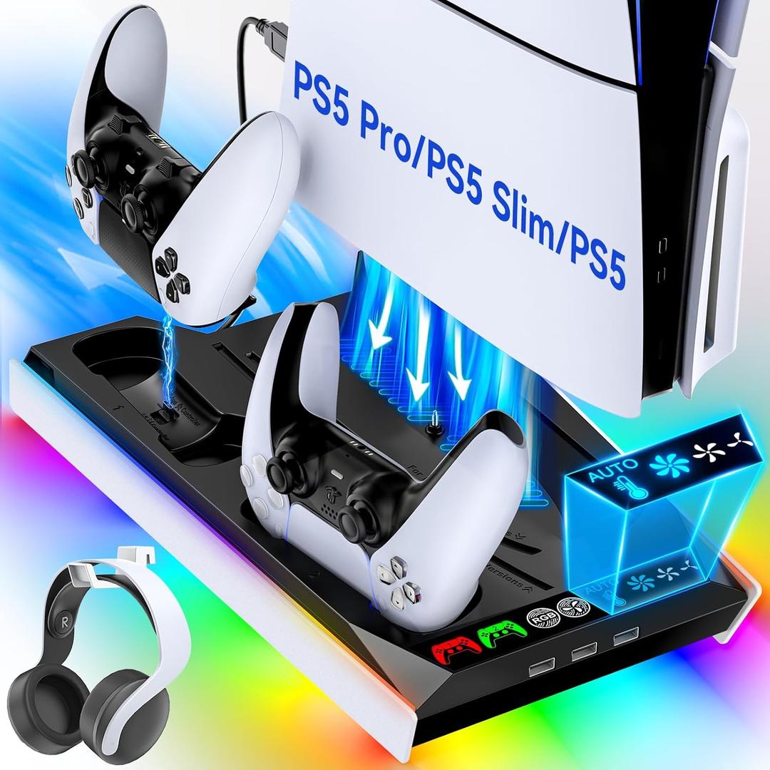 PS5/Slim/Pro Cooling Station with Auto Turbofan & 3-Level Speed, PS5 Vertical Stand Cooling Fan Station with Controller Charger, Cooler Docking Station for PlayStation 4 Adapters (All PS5 Models, Black&White)