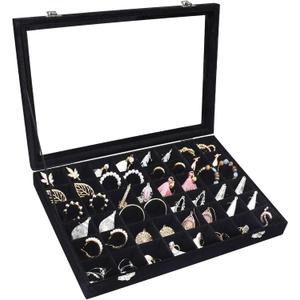 Siveit Velvet Jewelry Tray 48 Grid Jewelry Display Tray Organizer Box with Transparent Lid Rings Earrings Necklaces Pendants Display Box Suitable for Women and Girls (Black)