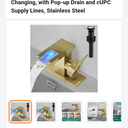 Hoimpro LED Waterfall Bathroom Faucet Brushed Gold, Single Handle Bathroom Sink Faucet 1 Hole, 3 Colors Light Changing, with Pop-up Drain and cUPC Supply Lines, Stainless Steel