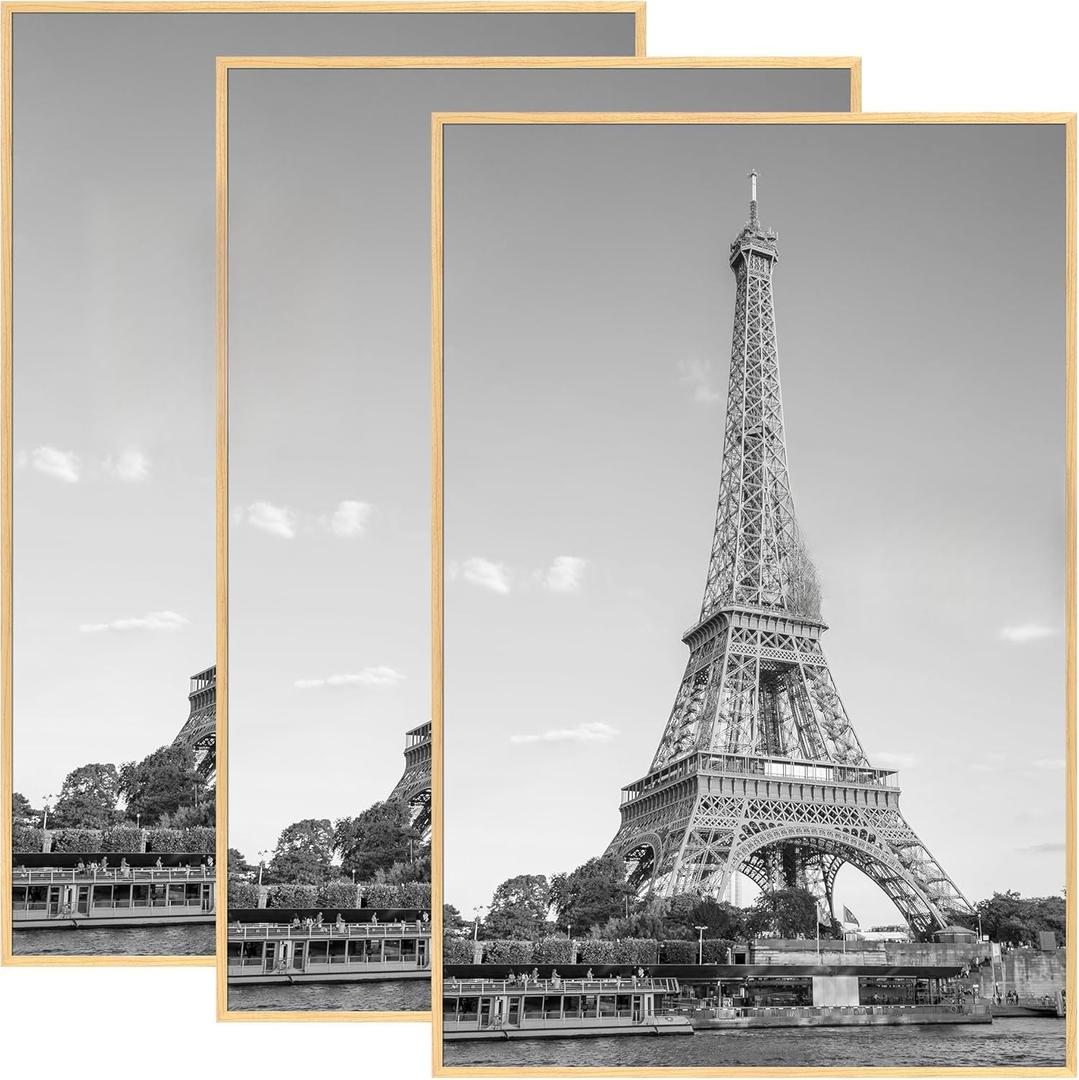 upsimples 24x36 Poster Frame Natural 3 Pack, Scratch-Proof Picture Frames 24 x 36 for Photo Gallery - Slide-In Strips, Horizontal or Vertical Wall Mounting