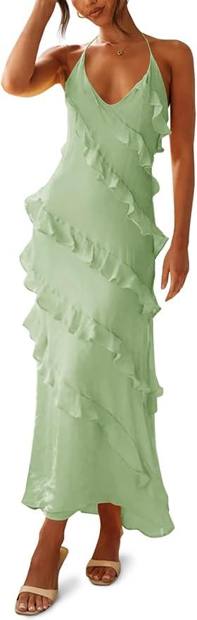 Wenrine Womens Sexy Chiffon Halter Maxi Dress Sleeveless Backless Ruffle Tassel Party Club Dresses, L