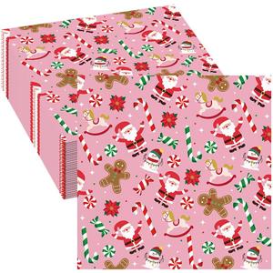 Tcoyodw 80 Pcs Christmas Gingerbread Man Santa Claus Pink Paper Napkins Candy Cane Snowman Pattern Santa Disposable Napkins Merry Christmas Party Table Decorations Supplies