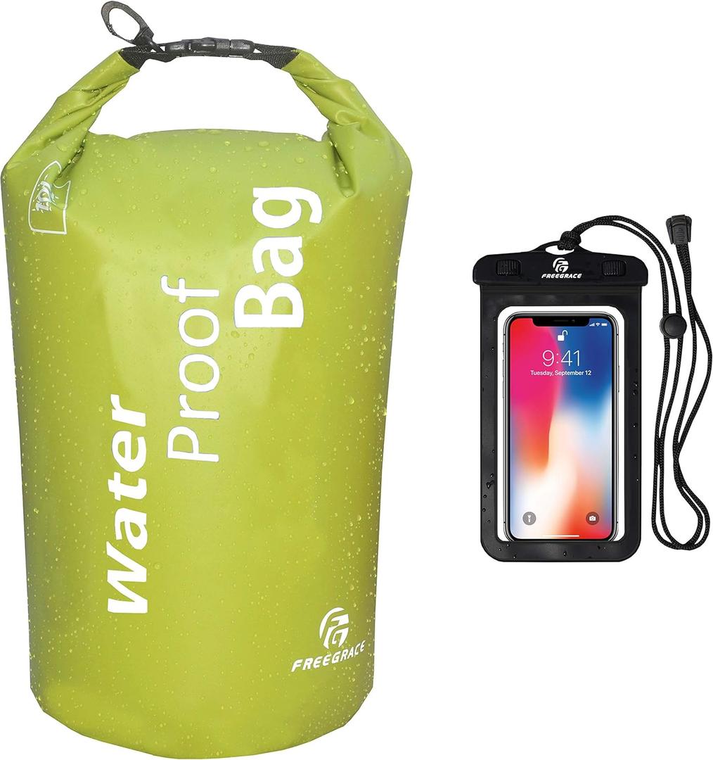 Freegrace Waterproof Dry Bag - Lightweight Dry Sack with Seals and Waterproof Case - Float on Water - Keeps Gear Dry for Kayaking, Beach, Rafting, Boating, Hiking, Camping and Fishing (10L, Green)