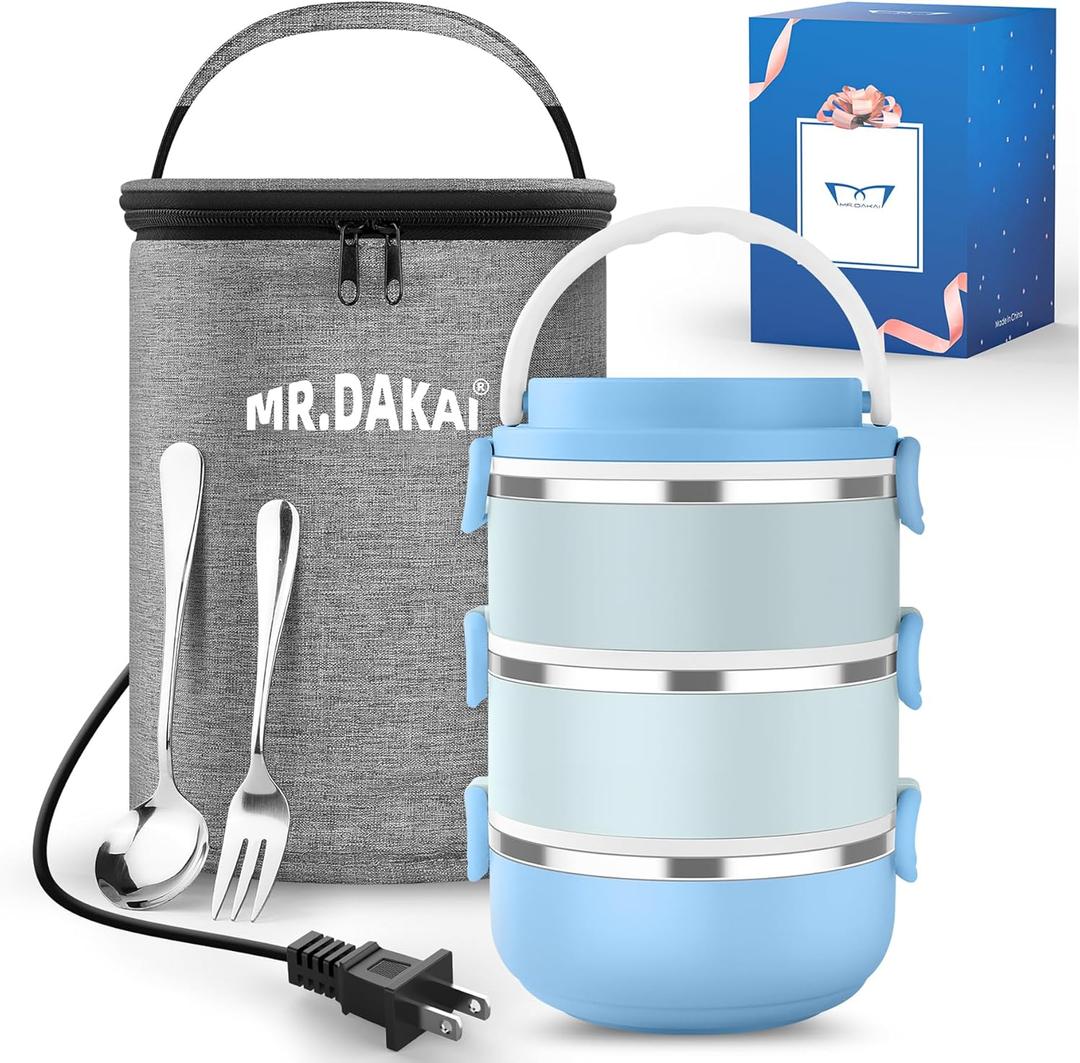 Mr.Dakai Thermal Lunch Box Containers for Men Women, Stackable Stainless Steel Bento Boxes with Insulated Lunch Bag and Flatware, Leakproof Food Storage for Hot Lunch 3Tier