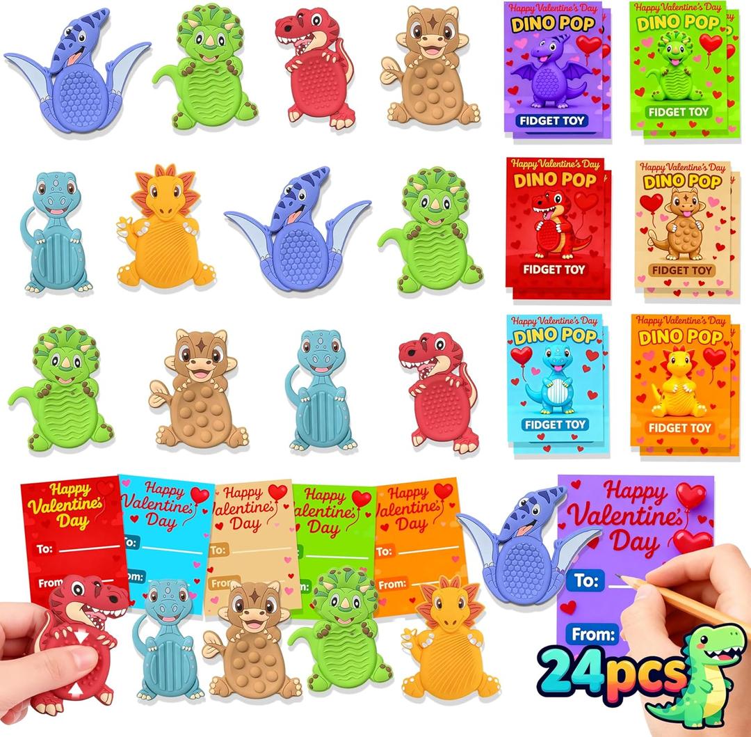 24Pack Valentine's Day Gifts for Kids School Classroom, Valentines Day Cards for Kids School Classroom, Valentine's Day Dinosaur Sensory Stone for Autistic Kid, Valentine Party Favors for Boy Girls