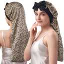 YFONG Double-Layered 100% Pure Mulberry Silk Bonnet for Long Hair, 22 Momme Hair Bonnet for Sleeping with Elastic Tie Band, Real Silk Sleep Cap for Women Long Curly, Leopard