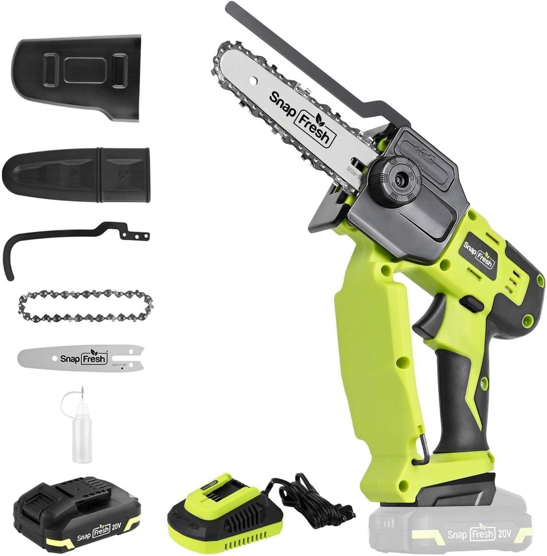 SnapFresh Mini Chainsaw Cordless 5 & 6, 20V Electric Handheld Chainsaws with 2.0Ah Battery & Fast Charger, Lightweight Battery Powered Saw with 2 Chains for Wood Cutting & Branch Trimming