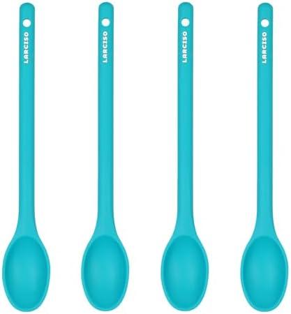 LARCISO 4 Pieces Silicone Spoon Heat-Resistant Non Stick Food Grade Kitchen Tools for Cooking, Baking, Stirring, Serving, Scraping, 4 Green