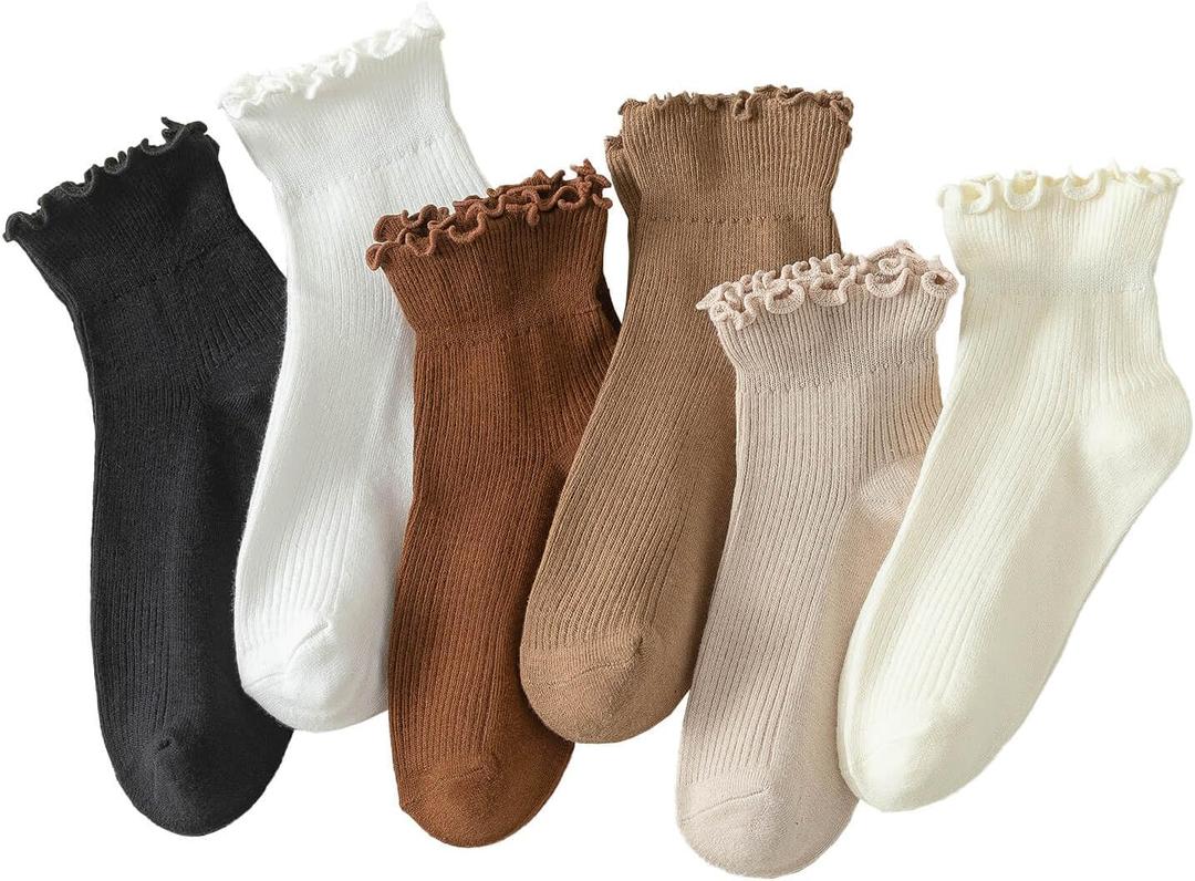 Hstyle 6 Pairs of Ruffle Socks Women, Cute Ruffle Ankle Socks (5-9, Mix Color2)
