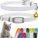 CollarDirect Leather Cat Collar, Cat Safety Collar with Elastic Strap, Kitten Collar with Bell Black Blue Red Orange Lime Green (8-11 Inch, White)