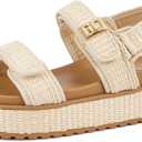 LUCKY STEP Women's Raffia Platform Wedge Sandals Open Toe Slingback Sandals Adjustable Double Strap Beach Sandals, 10