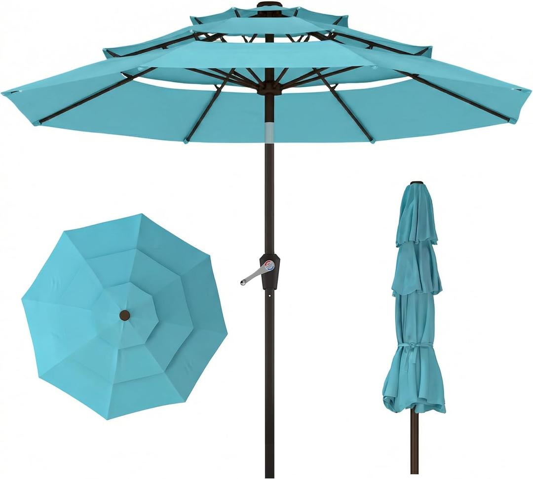 10ft 3 Tier Patio Umbrella, Outdoor Market Table Umbrella with UPF 50+ Vented Canopy, 8 Sturdy Ribs, Easy Push Button Tilt and Crank, Windproof for Deck, Pool, Backyard and Garden