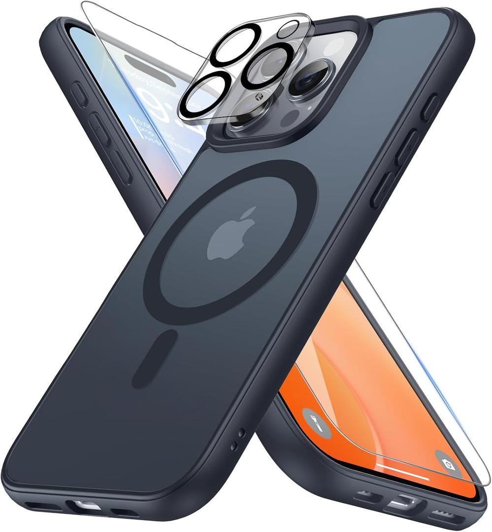 2 x Magnetic Shockproof for iPhone 16 Pro Case with Screen Protectors & Camera Cover, [Compatible with MagSafe] [Military-Grade Drop Protection], Translucent Slim Cute Phone Case, Black