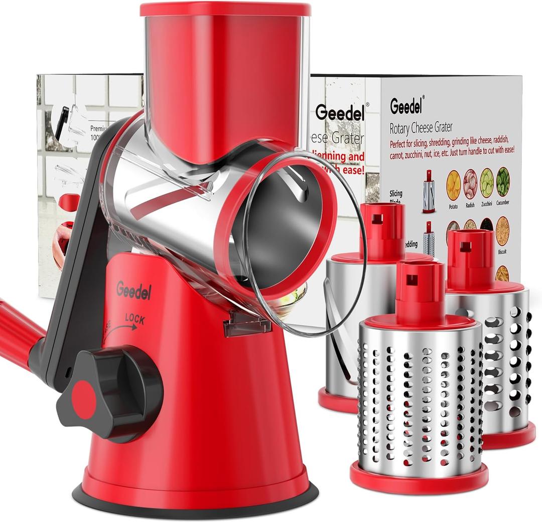 Geedel Rotary Cheese Grater, Kitchen Mandoline Vegetable Slicer with 3 Interchangeable Blades, Easy to Clean Grater for Fruit, Vegetables, Nuts (Red)