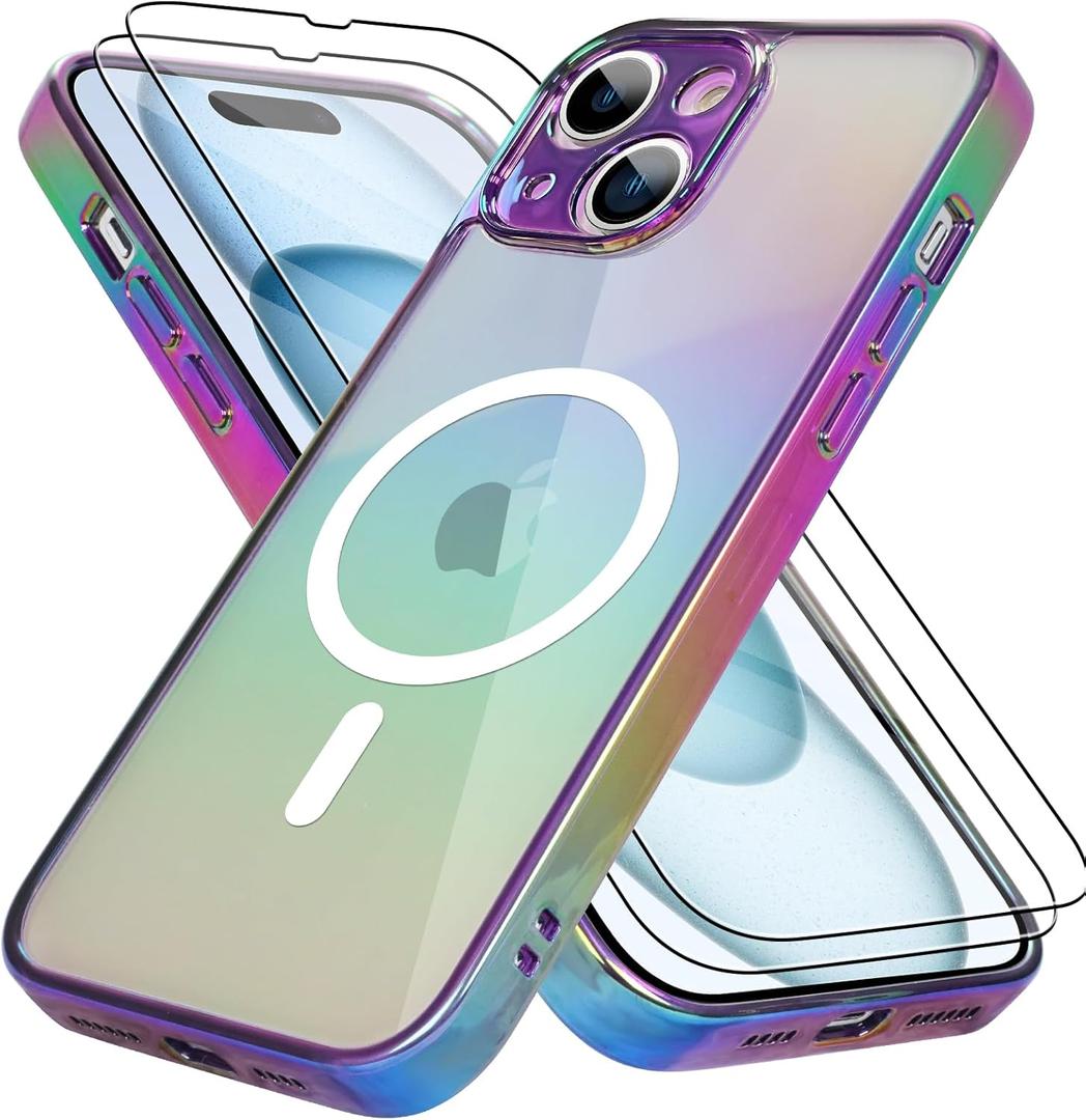 Bonoma for iPhone 15 Case Magnetic Support for Magsafe Bling Laser Iridescent Florescent Crystal Luxury Camera Protector + 2* Screen Protector Shockproof Edge Cover -Purple