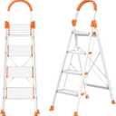 4 Step Aluminum Ladder, Lightweight and Anti-Slip Aluminum Step Ladder, Collapsible Folding Step Stool, Step Ladder 4 Step Folding for Kitchen Warehouse Home Indoor/Outdoor Use (Orange & Silver)