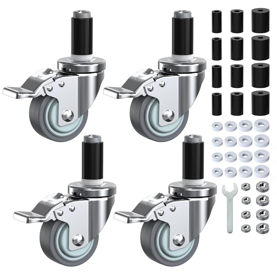 HOLKIE Caster Wheels Locking 3 Inch Expanding Stem Casters, Threaded Swivel Casters Set of 4 Heavy Duty Castors, Fit 1", 1-1/4", 1-2/5", 1-1/2",1-5/8" ID Stainless Steel Table, Cart, Furniture Legs