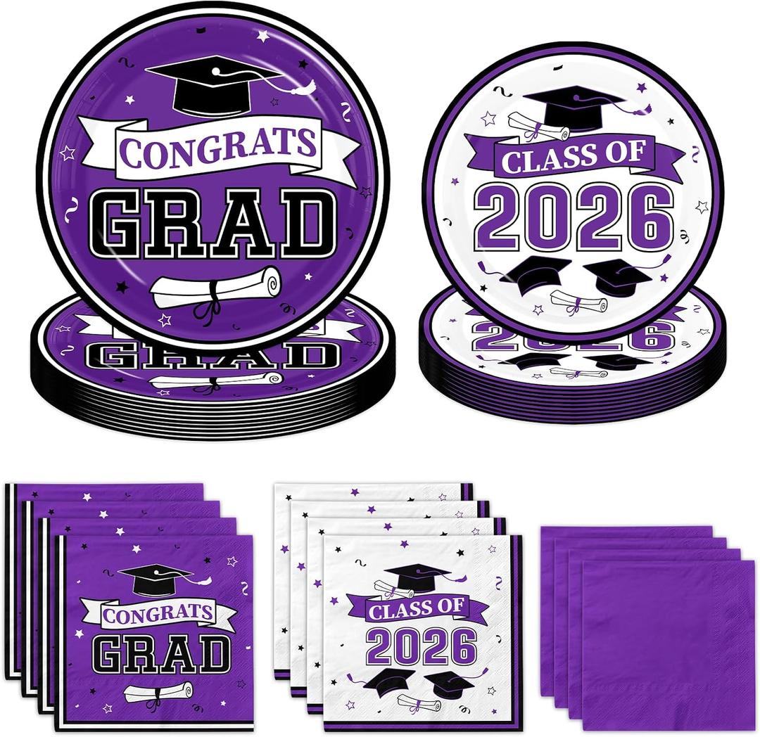 Purple Graduation Plates and Napkins Class of 2026 Grad Congrats Party Supplies Disposable Paper Plates Napkins for 2026 Graduation Party Decorations, Serve 50