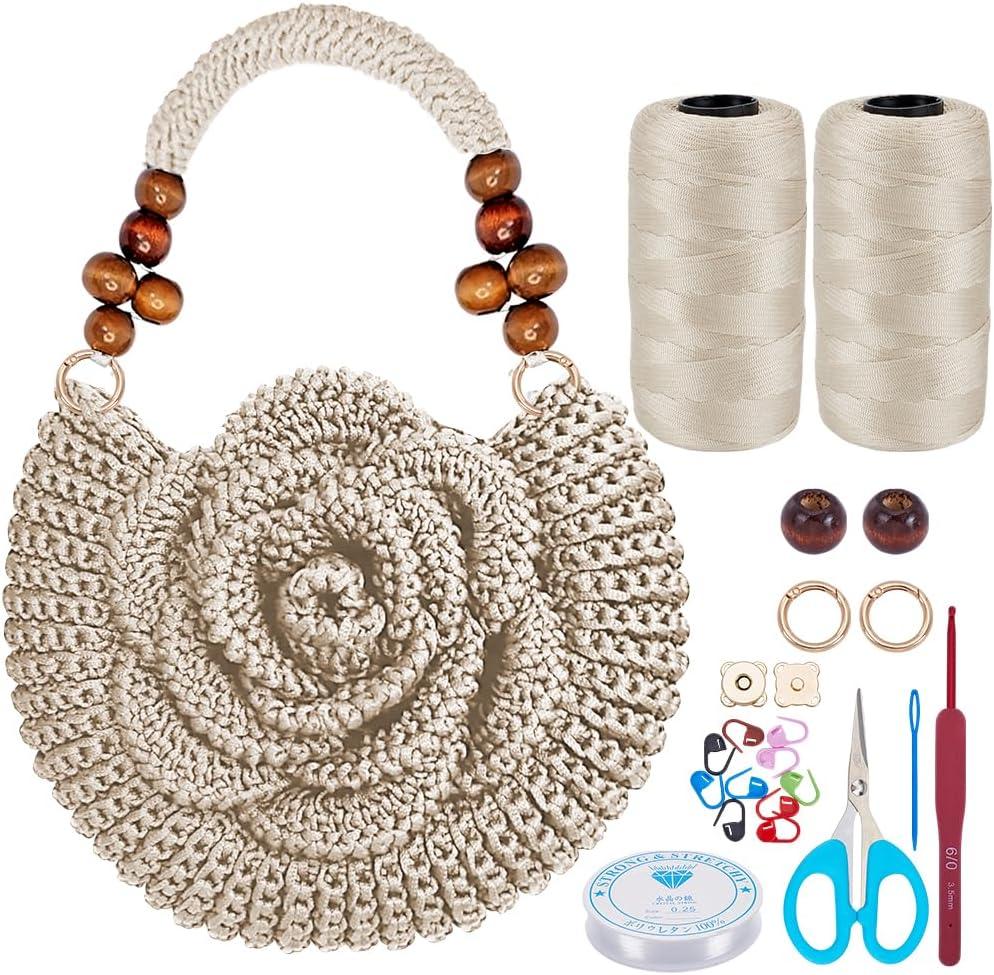 ACRNIGHEET Crochet Kit for Beginners White Khaki Crochet Purse Bag for Women DIY Tote Bag Making Kit with Step-by-Step Tutorials Hobbies Project for Starter Boho Style Gift Ideas, 5.9 x 5.9 x 2.9 inches