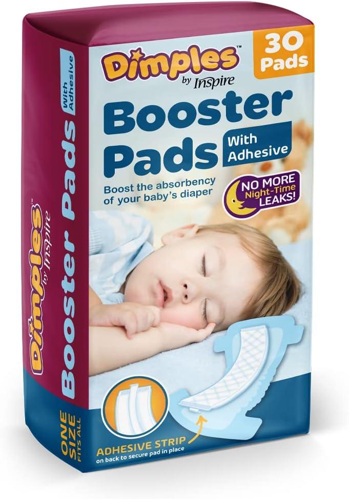 Inspire Dimples Booster Pads, Baby Diaper Doubler with Adhesive - Boosts Diaper Absorbency - No More leaks 30 Count (with Adhesive for Secure Fit) (30 Count)