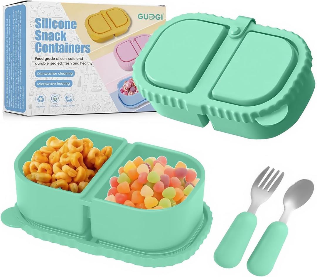 Silicone Snack Containers for Kids, Green, 8.5Oz, 2-Compartment | Includes Spoon and Fork, BPA Free, Leak Proof, Great for Toddler/Kid/Adult Meal Prep