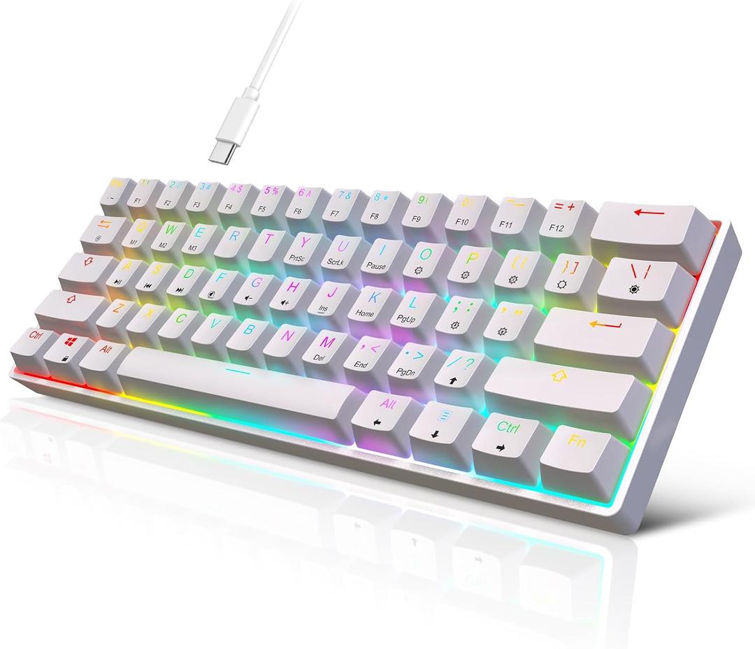 60% Mechanical Gaming Keyboard - 61 Keys Red Switch Quiet Office Computer Keyboard - Multi Color RGB Rainbow Led Backlit - Programmable for PC/Windows/Mac/Gamer - USB Wired - White