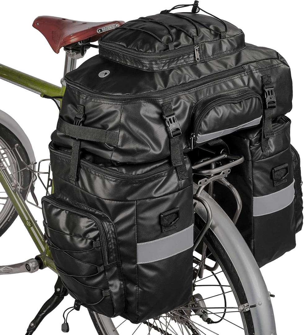 HUNTVP 3 in 1 Bike Pannier Bag - Rack Saddle Backpack Rear Seat Shoulder Laptop Cargo Rack Bicycle Bag with Rain Cover (Black)